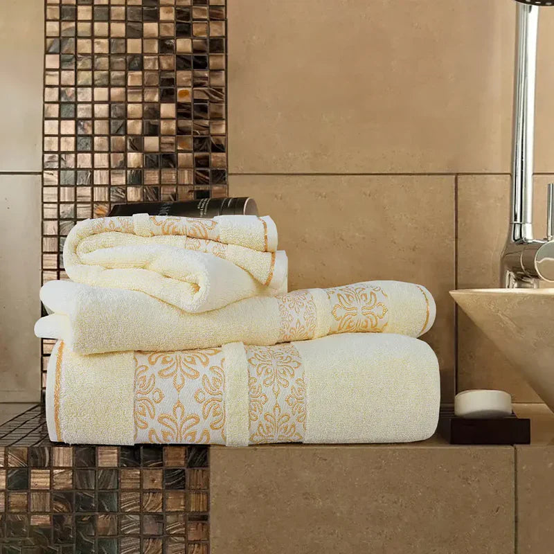 Cream Flower - 3-Pcs Jacquard Towel Set